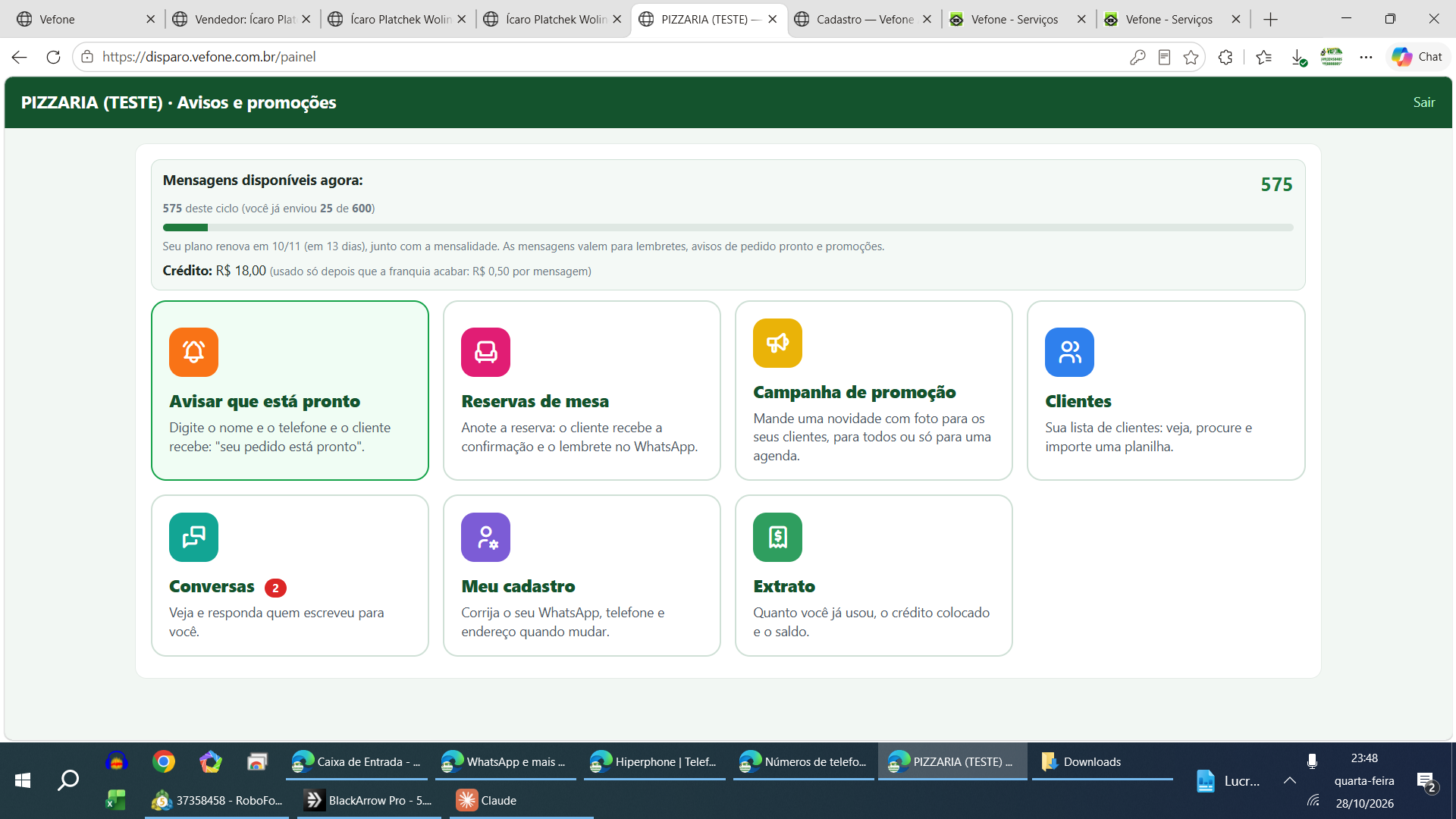 Painel do cliente: avisar que o pedido está pronto, reservas, campanha de promoção, clientes, conversas